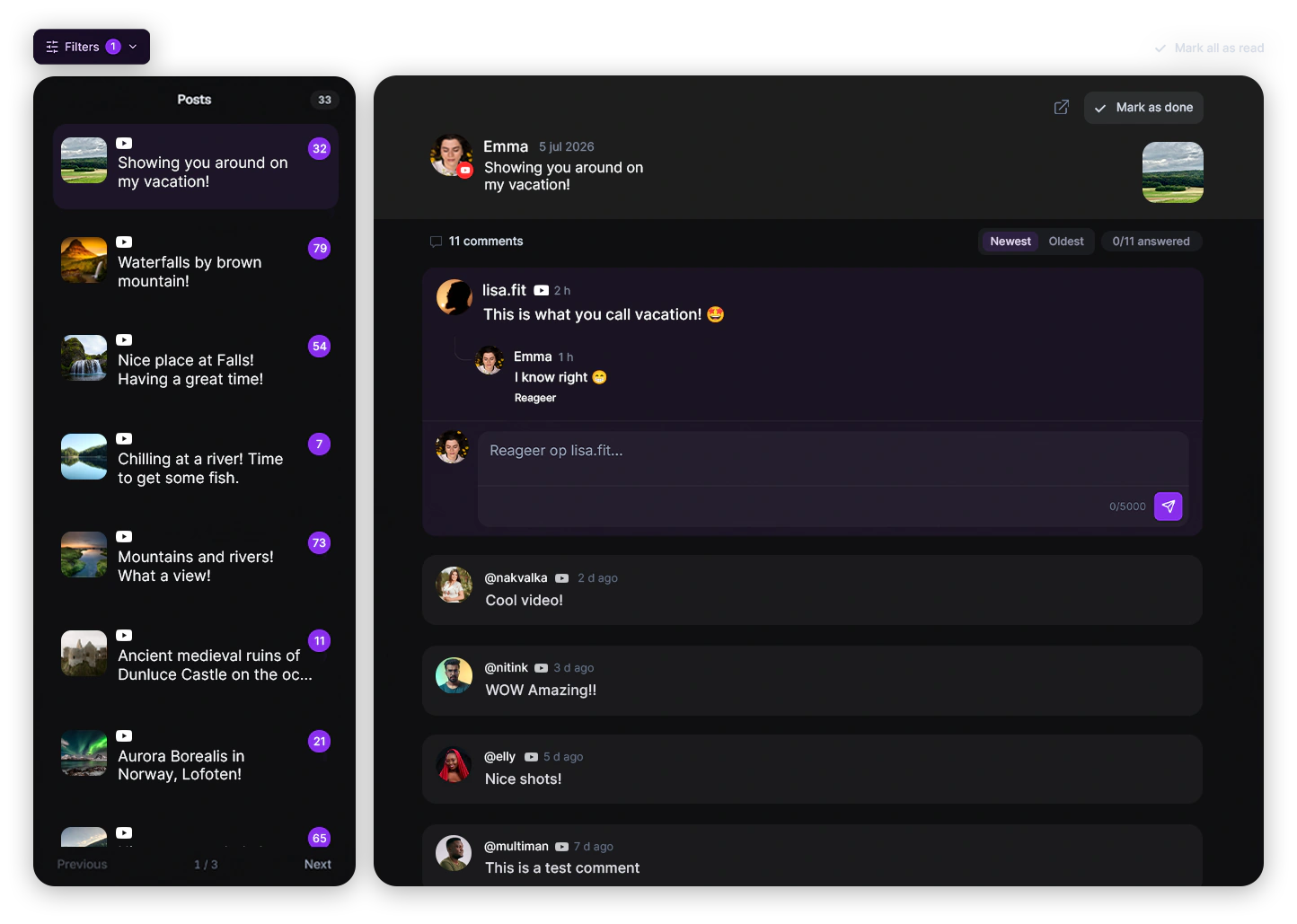 Community inbox with comments from multiple channels and a reply field