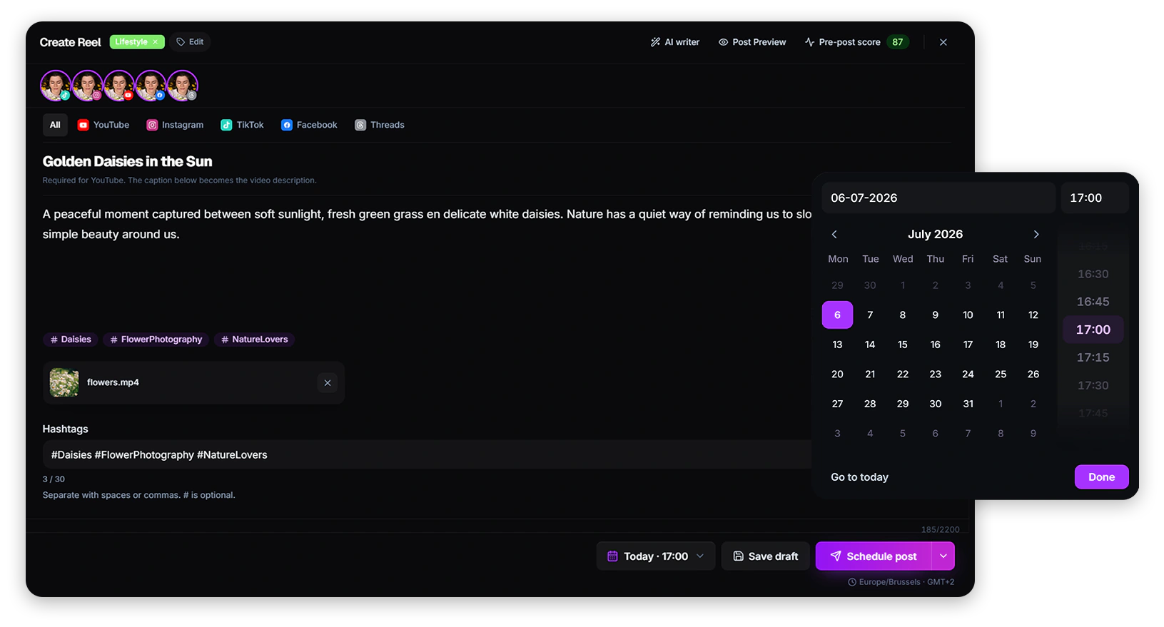 Create modal with channels, caption, hashtags, video and date picker