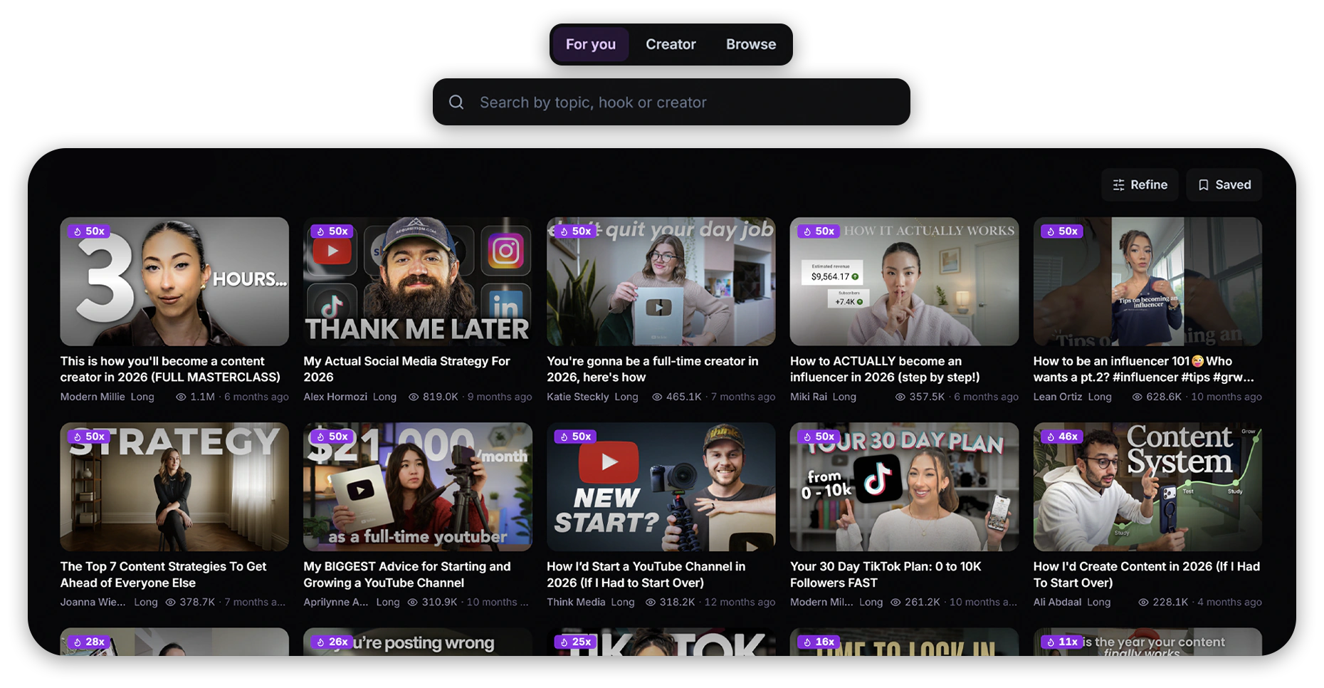 Inspiration feed with viral videos and outlier badges up to 50x