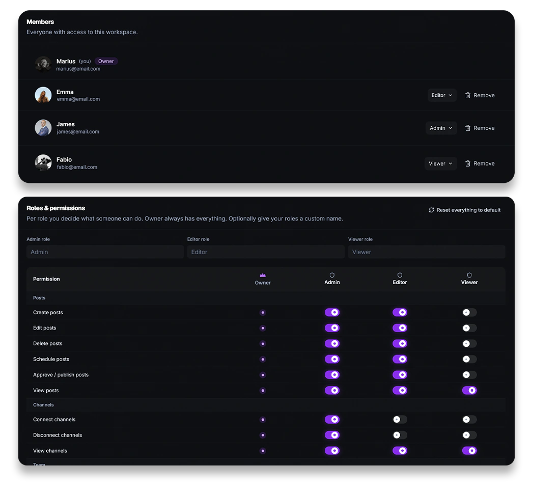 Team members with roles and the per-role permissions overview in Uploadlane